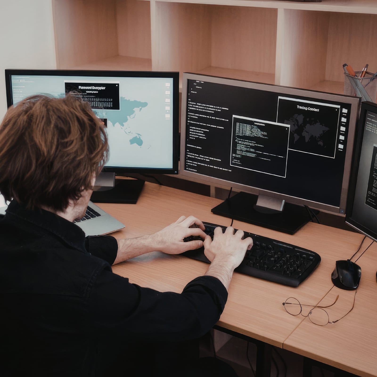 Engineer at a multi-monitor workstation running diagnostics